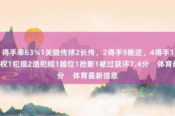 得手率63%1关键传球2长传、2得手9叛逆、4得手16丢失球权1犯规2造犯规1越位1抢断1被过获评7.4分    体育最新信息