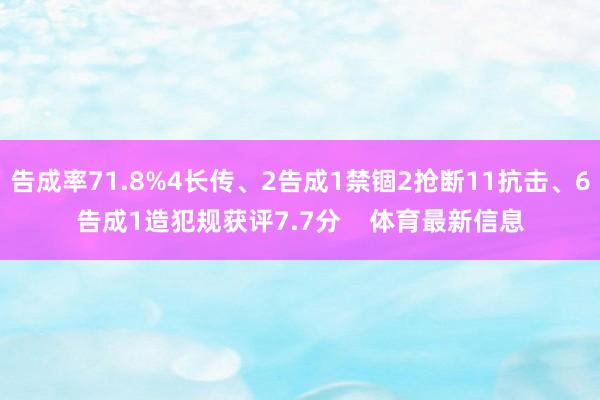 告成率71.8%4长传、2告成1禁锢2抢断11抗击、6告成1造犯规获评7.7分    体育最新信息
